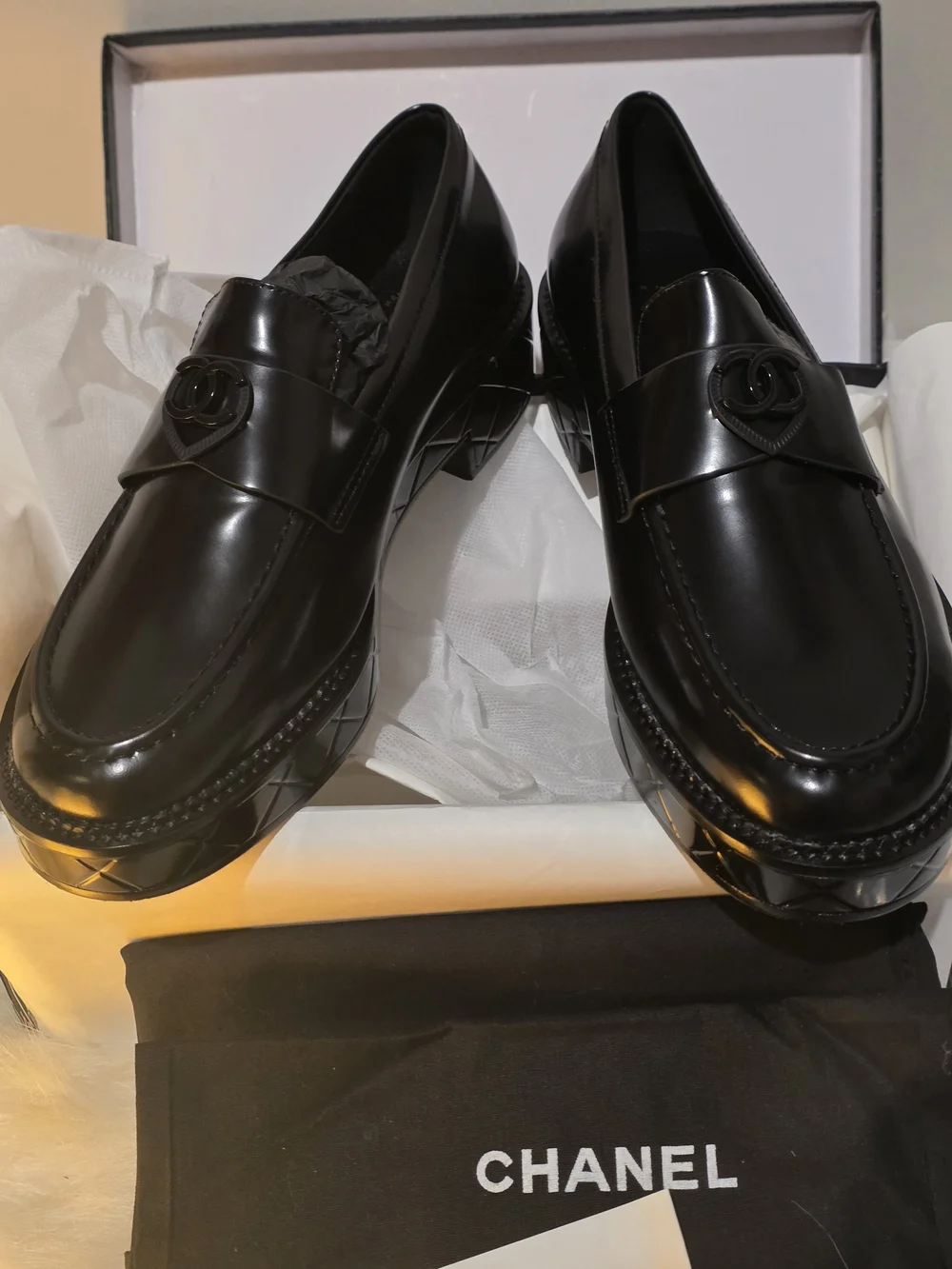 CHANEL Black Quilted-Platform Leather Loafers